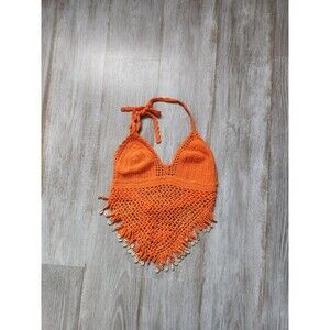 Island Planet Orange Crochet Crop Top Tie Back Tassels Seashells XS/S EUC
